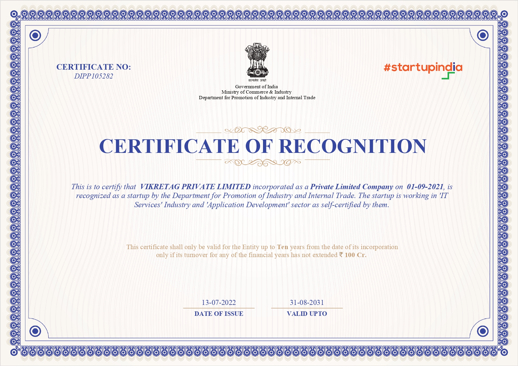 Startup Certifitice VIKRETAG PRIVATE LIMITED page 0001